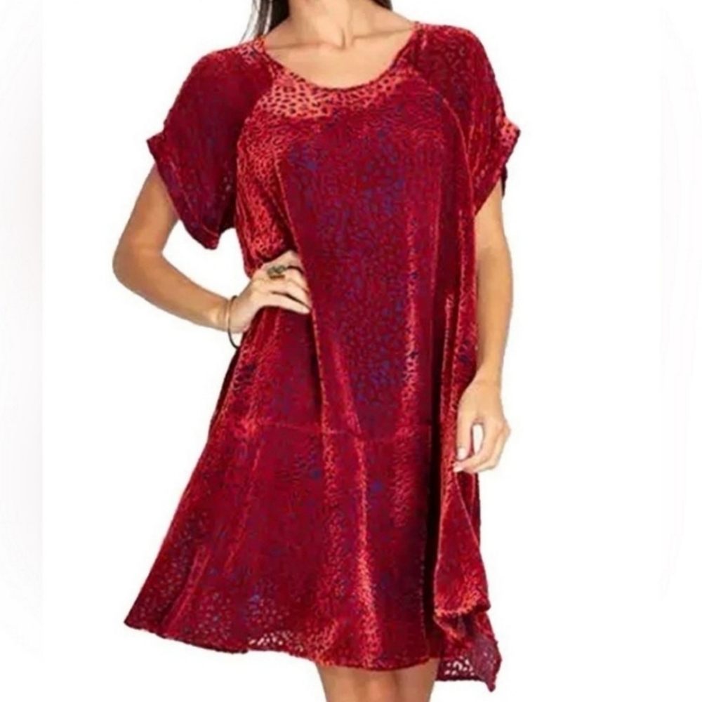 Johnny Was Jade Red Burnout Velvet Mini Dress Size XS Animal Print Silk Blend